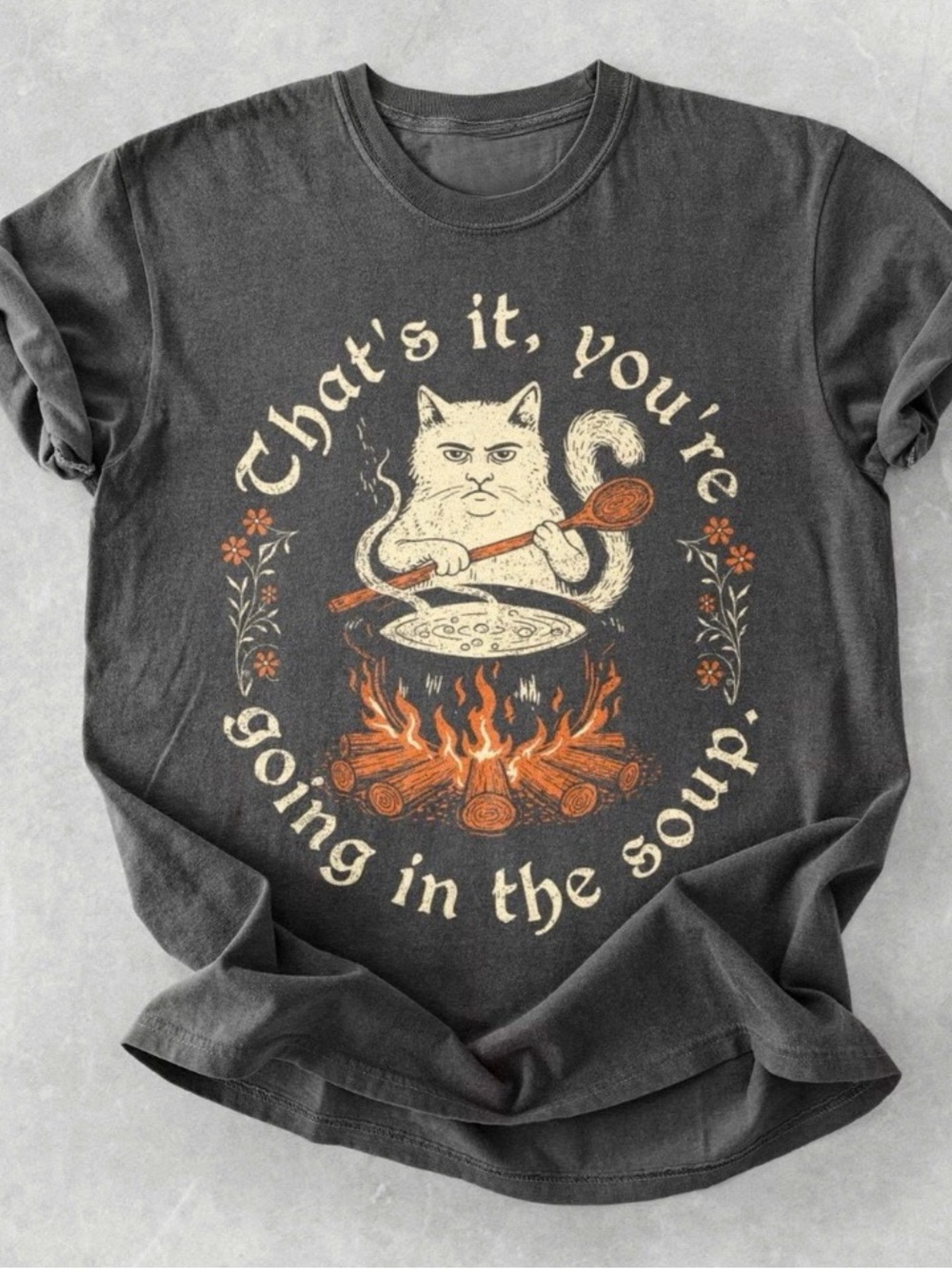 Pets Cat Graphic T‑Shirt in Charcoal with Cat Soup Design